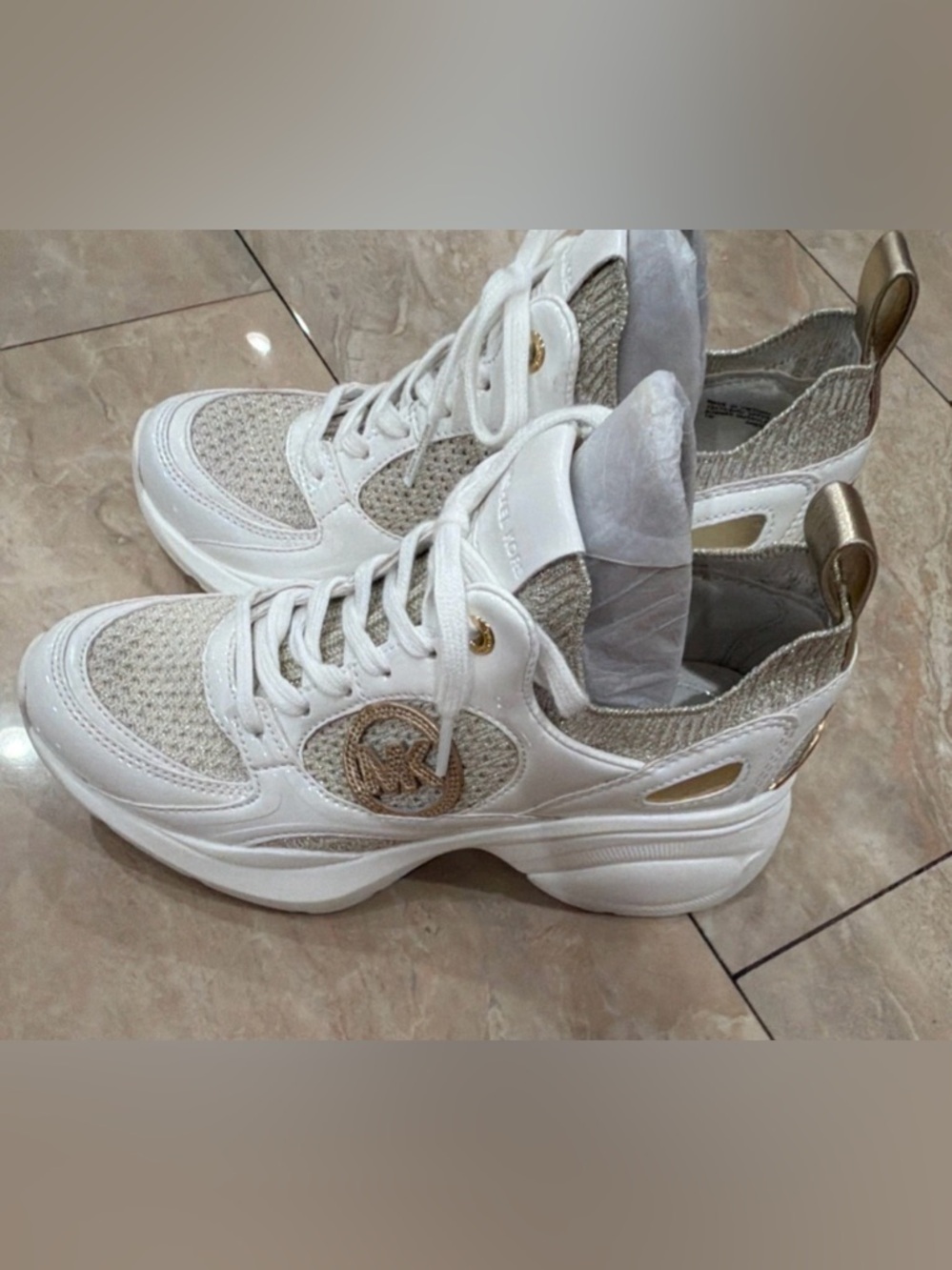 Michael Kors White and Gold Chunky Knit Platform Sneaker - Picture 2 of 5